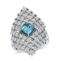 D'Joy Asscher Cut Premium Cambodian Blue Zircon and Moissanite 4.00 ctw Ring in Rhodium Over Sterling Silver