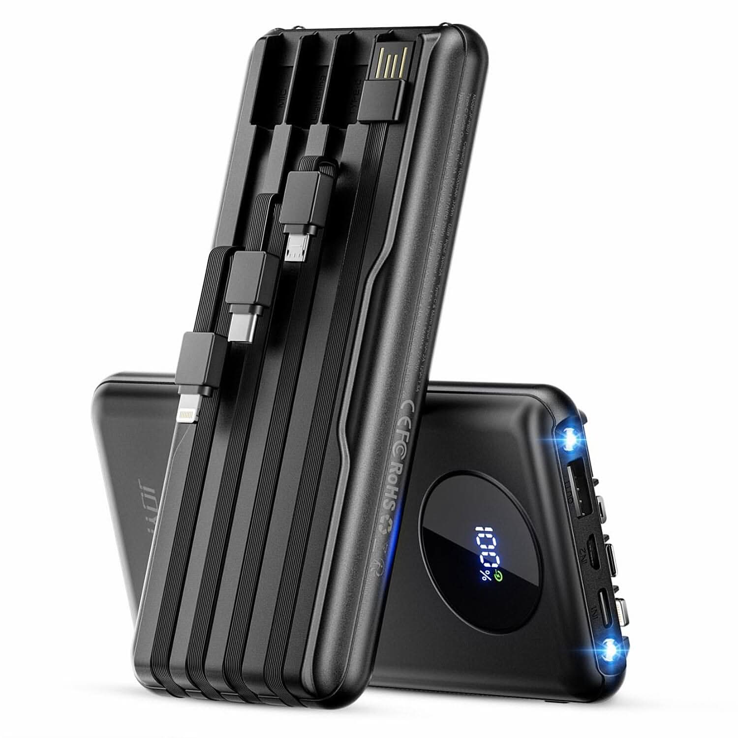 CLOSEOUT 3P Experts 10,000 mAh Power Bank with Built-in 4 Cables - Black
