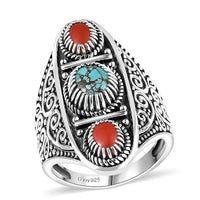 D'Joy Indian Artisan Crafted Blue Moon Turquoise, Coral Ring in Black Oxidised Sterling Silver (Size 10.0) 2.00 ctw