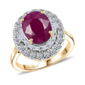 Certified & Appraised 10K Yellow Gold AAA Montepuez Ruby, Luxuriant Lab Grown Diamond (G-H, SI) (0.65 cts) Ballerina Halo Ring 4.75 ctw - Sticky add to cart bar