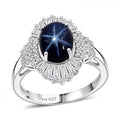 D'Joy Blue Star Sapphire (DF), Moissanite Ring in Rhodium Over Sterling Silver (Size 7.0) 4.10 ctw - Sticky add to cart bar