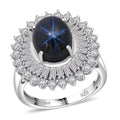 D'Joy Premium Blue Star Sapphire (DF), Moissanite Crown of Eternity Ring in Rhodium Over Sterling Silver (Size 10.0) 7.75 ctw - Sticky add to cart bar
