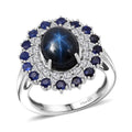 D'Joy Premium Blue Star Sapphire (DF), Multi Gemstone Celestial Bloom Ring in Rhodium Over Sterling Silver (Size 10.0) 6.20 ctw - Sticky add to cart bar
