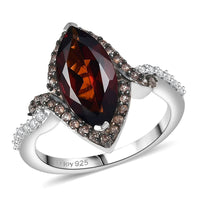 D'Joy Premium Red Citrine, White and Champagne Zircon Ring in Rhodium Over Sterling Silver (Size 10.0) 2.90 ctw