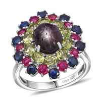 D'Joy Premium Star Ruby, Multi Gemstone Ring in Rhodium Over Sterling Silver (Size 10.0) 10.20 ctw
