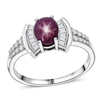 D'Joy Premium Indian Star Ruby, Moissanite Ring in Rhodium Over Sterling Silver (Size 10.0) 3.15 ctw