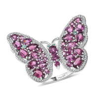 D'Joy AAA Radiant Ember Garnet, Multi Gemstone Butterfly Ring in Rhodium Over Sterling Silver (Size 10.0) 6.20 ctw