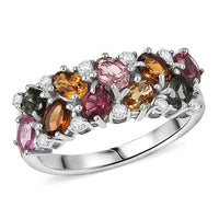 D'Joy Premium Multi-Tourmaline, White Zircon Ring in Rhodium Over Sterling Silver (Size 10.0) 2.10 ctw