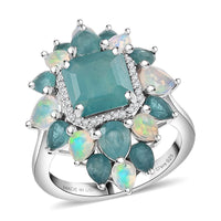D'Joy Asscher Cut Premium Grandidierite, Multi Gemstone Celestial Bloom Ring in Rhodium Over Sterling Silver (Size 10.0) 5.60 ctw