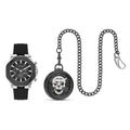 Closeout Ed Hardy Watch with Black Faux Leather Strap & Pocket Watch Set in Goldtone - Sticky add to cart bar