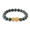D'Joy Natural Olmec Jadeite 160.00 ctw Beaded Stretch Bracelet with Pixiu in 14K Yellow Gold Over Sterling Silver (6.5-7In) - Sticky add to cart bar