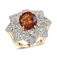 D'Joy Premium Red Citrine, White Zircon Royal Fire Blossom Ring in 18K Vermeil YG Over Sterling Silver (Size 10.0) 5.40 ctw