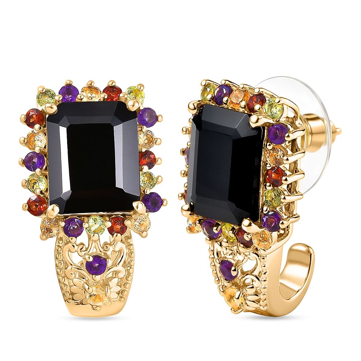 EverTrue Thai Black Spinel and Multi Gemstone 12.80 ctw Night Bloom Earrings in 18K YG Plated (Del. in 7-10 Days)