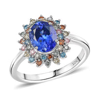 10K White Gold AAA Tanzanite, Luxuriant Lab Grown Multi Diamond (G-H, SI) (0.58 cts ) Twilight Bloom Ring (Size 10.0) 2.20 ctw