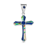 Peruvian Artistry Multi Gemstone, Abalone Shell and Blue Edu Round Cross Pendant in Sterling Silver 4.00 ctw