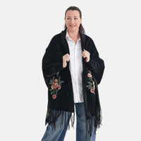 La Marey Black Embroidery Tassel Poncho (27.56"x78.74")