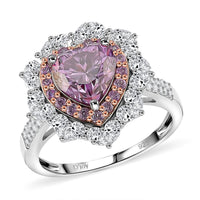 Doorbuster D'Joy Blue and White Moissanite (Hrt 8mm), Blue Sapphire Love Blossom Heart Ring in Rhodium Over Sterling Silver (Size 10.0) 3.10 ctw