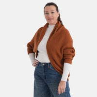 LA MAREY Cognac Floral Embroidered Knit Ruana - One Size Fits Most