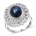 D'Joy Blue Star Sapphire (DF), Moissanite Ring in Rhodium Over Sterling Silver (Size 10.0) 7.65 ctw - Sticky add to cart bar