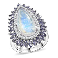 D'Joy Premium Rainbow Moonstone and Multi Gemstone 9.00 ctw Twilight Bloom Ring in Rhodium Over Sterling Silver (Size 10.0) (Del. in 8-10 Days)