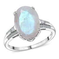 Premium Rainbow Moonstone and Luxuriant Lab Grown Diamond G-H SI 6.30 ctw Ring in Rhodium Over Sterling Silver (Size 10.0)
