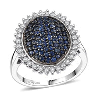D'Joy Premium Ceylon Blue Sapphire, Moissanite Blue Majesty Oval Ring in Rhodium Over Sterling Silver (Size 10.0) 1.85 ctw