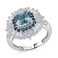 D'Joy Asscher Cut Cambodian Blue Zircon, Multi Gemstone Ring in Rhodium Over Sterling Silver (Size 6.0) 4.60 ctw