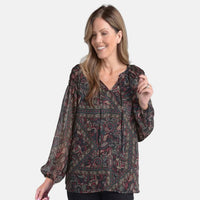 Closeout Christopher & Banks Black Printed Tie Neck Chiffon Blouse - Large
