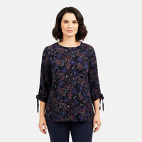 Closeout Christopher & Banks Navy Floral Printed Jewel Neck Long Sleeve Blouse - Large