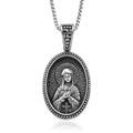 Sacred Figure Engraved Oval Pendant Necklace (23.5 Inches) in Stainless Steel - Sticky add to cart bar
