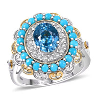 D'Joy AAA Cambodian Blue Zircon, Multi Gemstone Ring in 18K Vermeil YG and Rhodium Over Sterling Silver (Size 7.0) 3.60 ctw