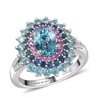 D'Joy Premium Cambodian Blue Zircon, Multi Gemstone Ring in Rhodium Over Sterling Silver (Size 10.0) 3.75 ctw