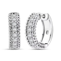Simulated Diamond Beaded Border Hoop Earrings in Rhodium Over Sterling Silver
