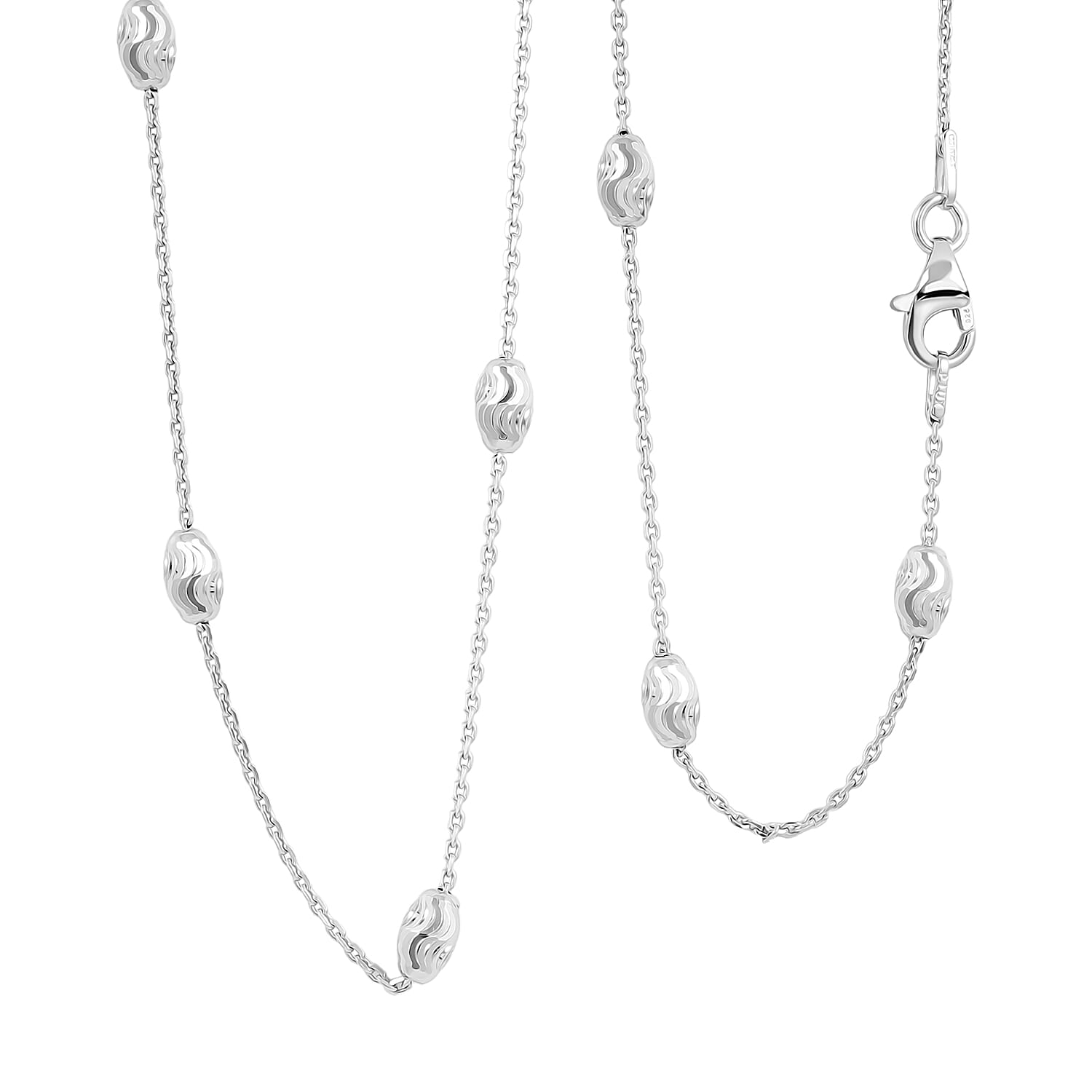 Italian 4mm Moon Cut Oval Bead Necklace in Rhodium Over Sterling Silver 7.64 Gams 30 Inches