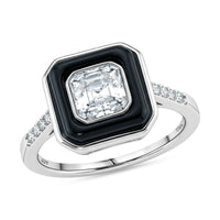 D'Joy Asscher Cut Moissanite (6x6mm), Black Jade Ring in Rhodium Over Sterling Silver (Size 10.0) 3.65 ctw