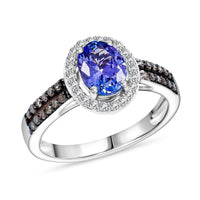14K White Gold Premium Tanzanite, Natural Champagne and White Diamond (0.30 cts) Halo Blossom Ring (Size 10.0) 1.30 ctw