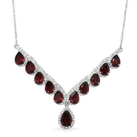 D'Joy Mozambique Garnet and Moissanite 16.10 ctw Flame Cascade Necklace in Rhodium Over Sterling Silver 18-20 Inches