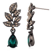 Austrian Champagne Crystal, Green Glass Leaf Earrings in Dark Silvertone