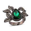 Austrian Champagne Crystal, Green Glass Leaf Ring in Dark Silvertone (Size 6-8) - Sticky add to cart bar