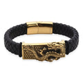Dragon Motif Microfiber Leather Bracelet in ION Plated YG Stainless Steel (8.00 In) - Sticky add to cart bar