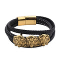 Triple Lion Head Microfiber Leather Bracelet in ION Plated YG Stainless Steel (8.00 In) - Sticky add to cart bar
