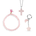 Rose Quartz Gemstone Gift Set of 3 Keyring, Beaded Bracelet and Cross Necklace - Sticky add to cart bar
