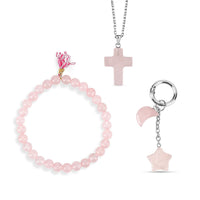 Rose Quartz Gemstone Gift Set of 3 Keyring, Beaded Bracelet and Cross Necklace