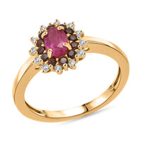 D'Joy Mozambique Ruby, White and Coffee Zircon Regal Halo Ring in 18K Vermeil YG Over Sterling Silver (Size 6.0) 1.15 ctw