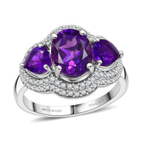 D'Joy Premium Lusaka Amethyst, Moissanite Bloom Trilogy Ring in Rhodium Over Sterling Silver (Size 10.0) 3.00 ctw