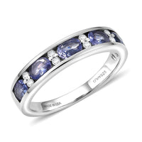 D'Joy Tanzanite, White Zircon Midnight Blue Band Ring in Rhodium Over Sterling Silver (Size 10.0) 0.90 ctw