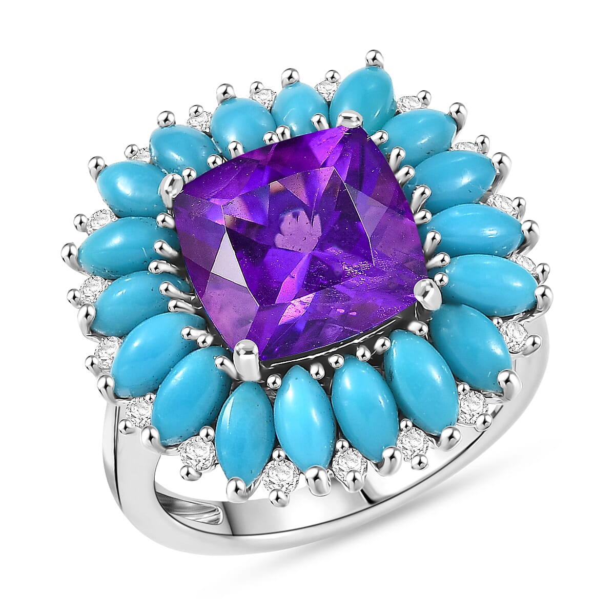 Premium Lusaka Amethyst, Multi Gemstone Petal Frame Ring in Rhodium Over Sterling Silver (Size 10.0) 6.10 ctw