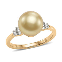 Luxoro 10K Yellow Gold AAA South Sea Golden Cultured Pearl 10-11mm, Diamond (I2) Signature Ring (Size 10.0) 0.10 ctw