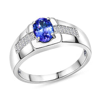 D'Joy Premium Tanzanite, White Zircon Men's Ring in Rhodium Over Sterling Silver (Size 10.0) 1.15 ctw