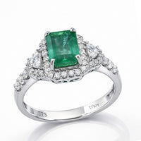 D'Joy Premium Kagem Zambian Emerald, Moissanite Crowned Heirloom Ring in Rhodium Over Sterling Silver (Size 10.0) 2.20 ctw